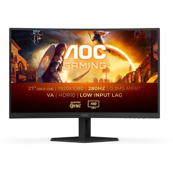 AOC C27G4ZE 27" 280Hz Curved Ultra-Fast FRAMELESS Gaming Monitor, 1920 × 1080 (FHD), 0.3ms, Fast VA, 1500R, Adaptive Sync, Three-Sided Frameless Design, Black