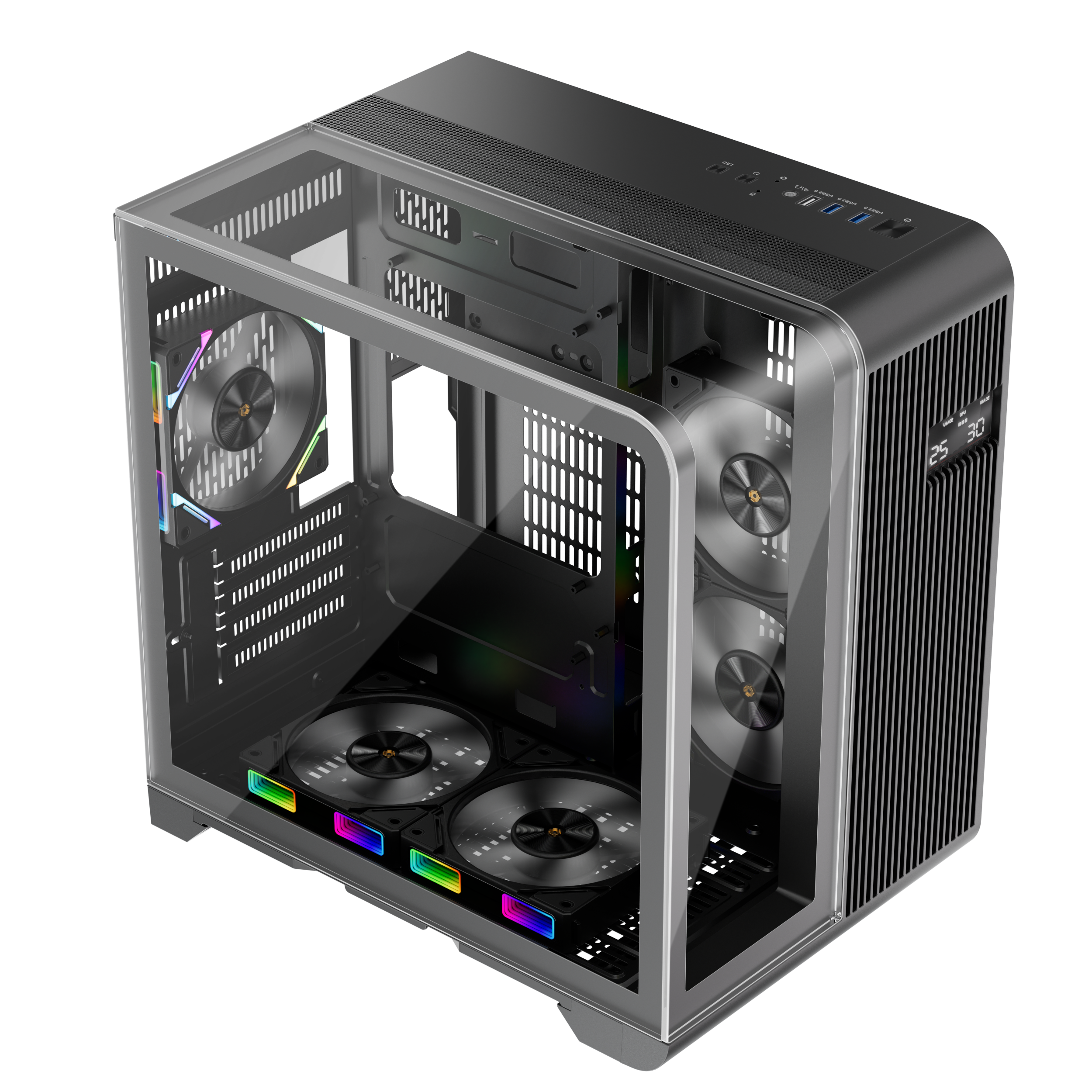 1st Player RT5 Micro ATX PC Gaming Case – Dual Chamber, LED Screen and Curved Panoramic Tempered Glass ( Black ) - Image 2