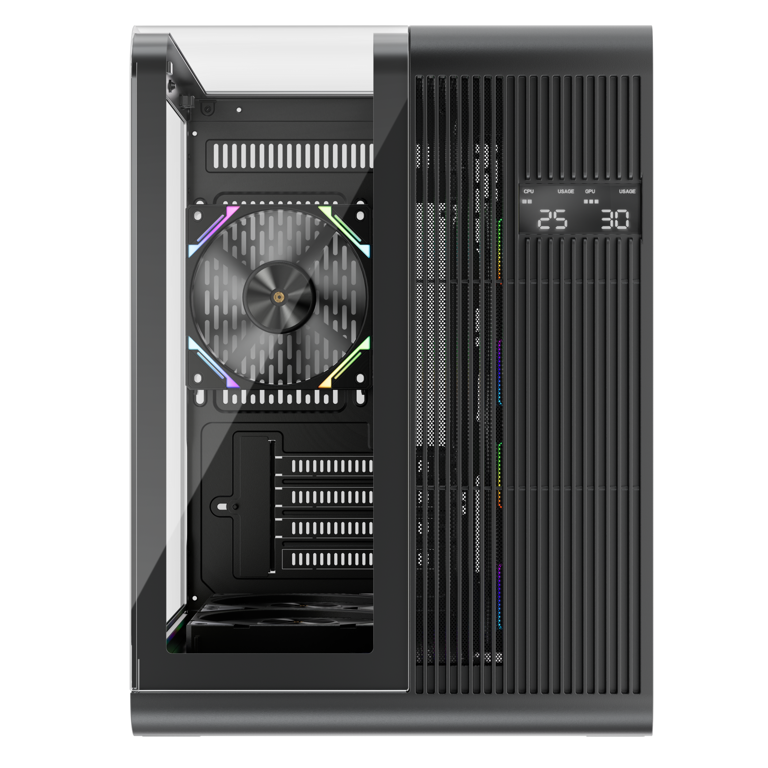 1st Player RT5 Micro ATX PC Gaming Case – Dual Chamber, LED Screen and Curved Panoramic Tempered Glass ( Black ) - Image 3