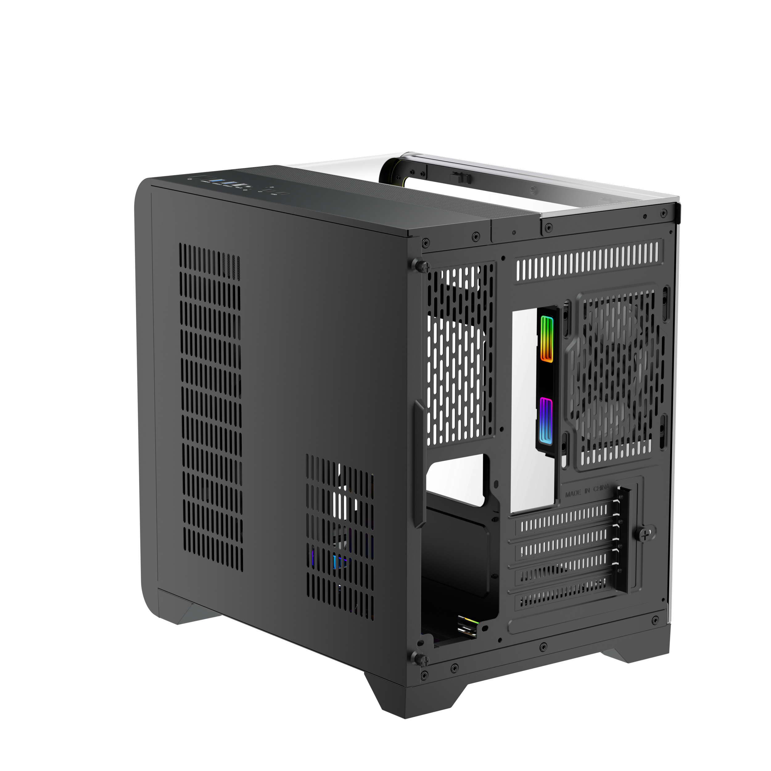 1st Player RT5 Micro ATX PC Gaming Case – Dual Chamber, LED Screen and Curved Panoramic Tempered Glass ( Black ) - Image 5