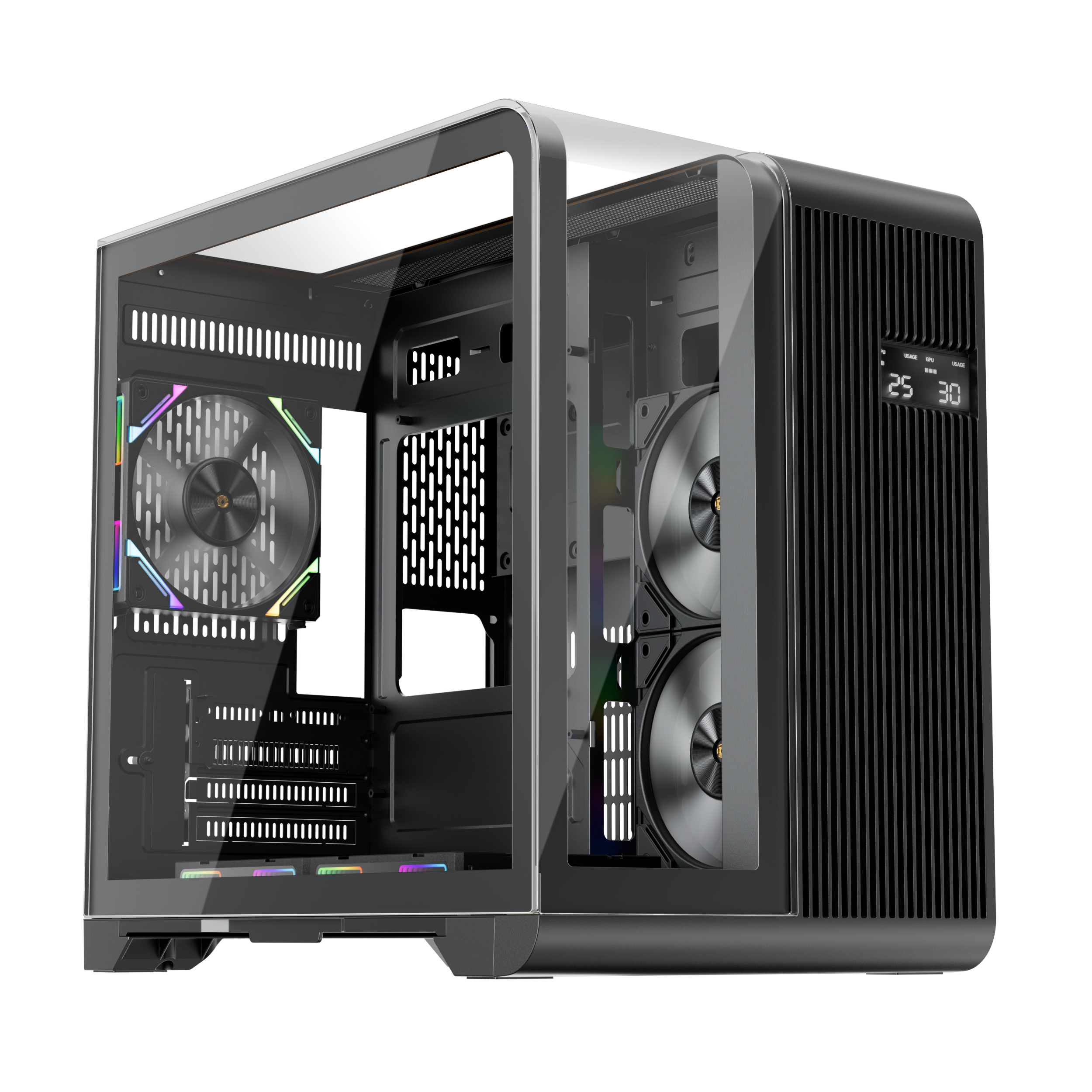 1st Player RT5 Micro ATX PC Gaming Case – Dual Chamber, LED Screen and Curved Panoramic Tempered Glass ( Black )