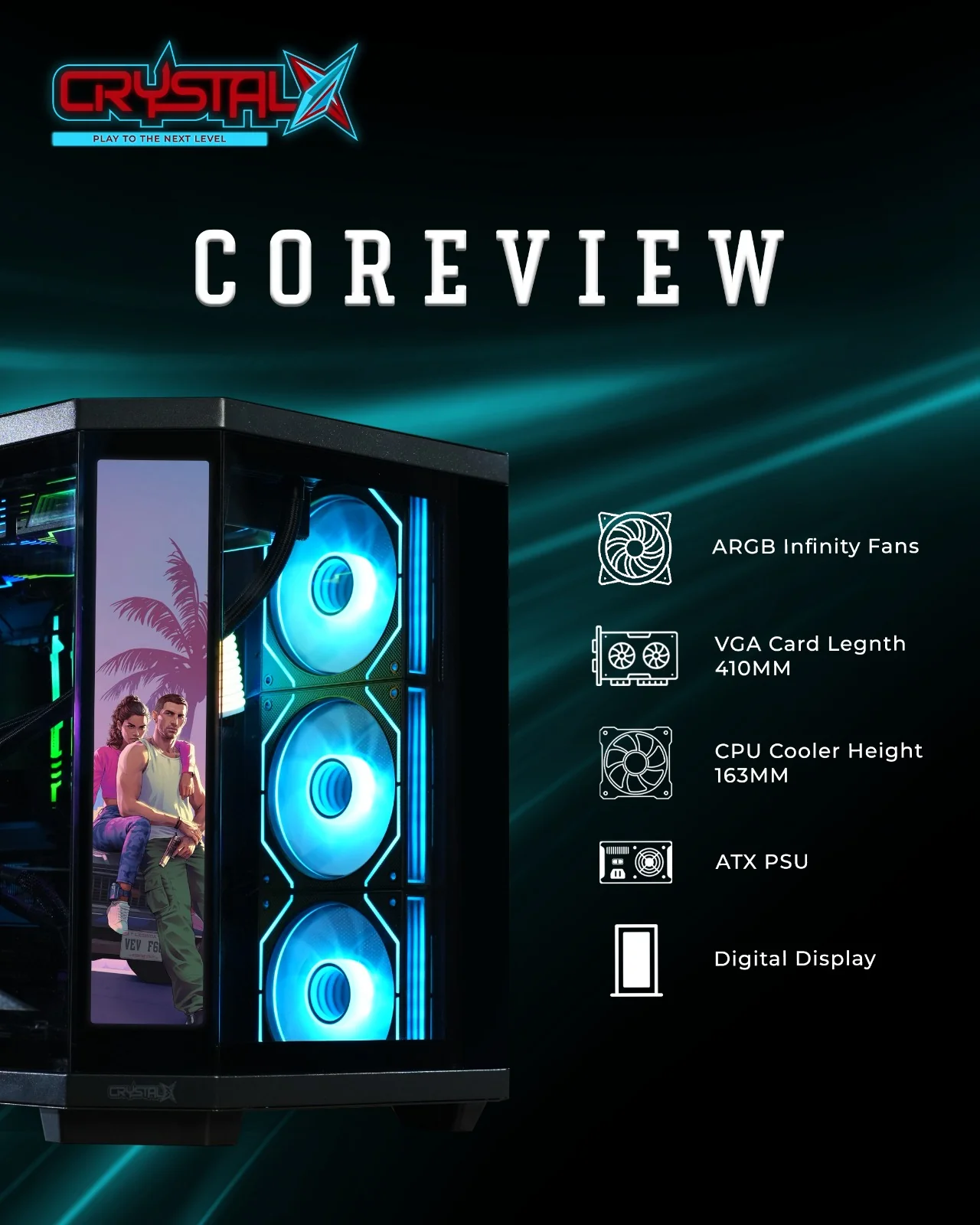 Crystal X Core View V950B-L ATX Digital Display Gaming Chassis With 4 x Infinity Fans - Image 13