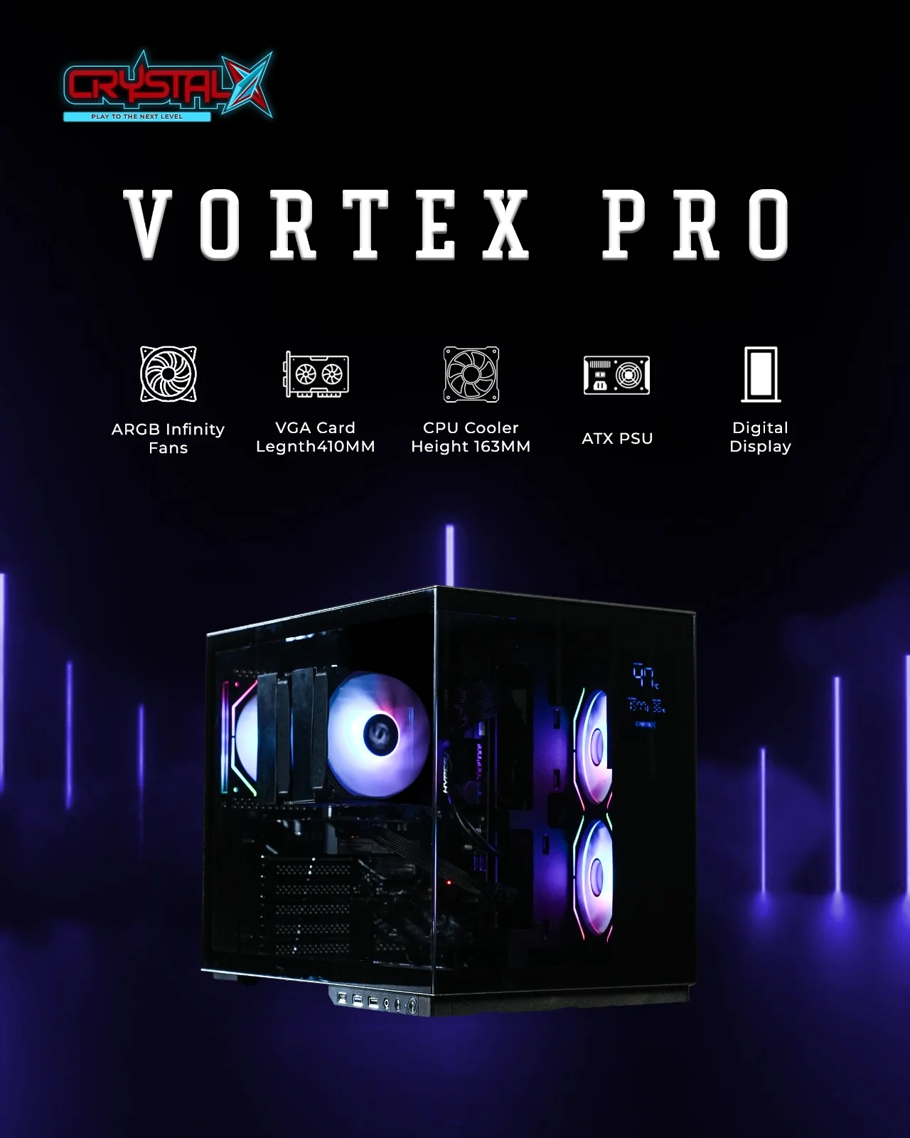Crystal X Vortex Pro V-331 ATX Digital SE Led Display Gaming Chassis With 3 x Infinity Fans Include - Image 2